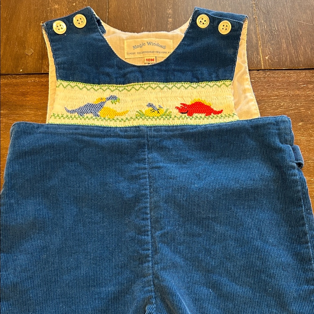 Magic Windows Smocked Dinosaurs Blue Corduroy One-Piece Romper